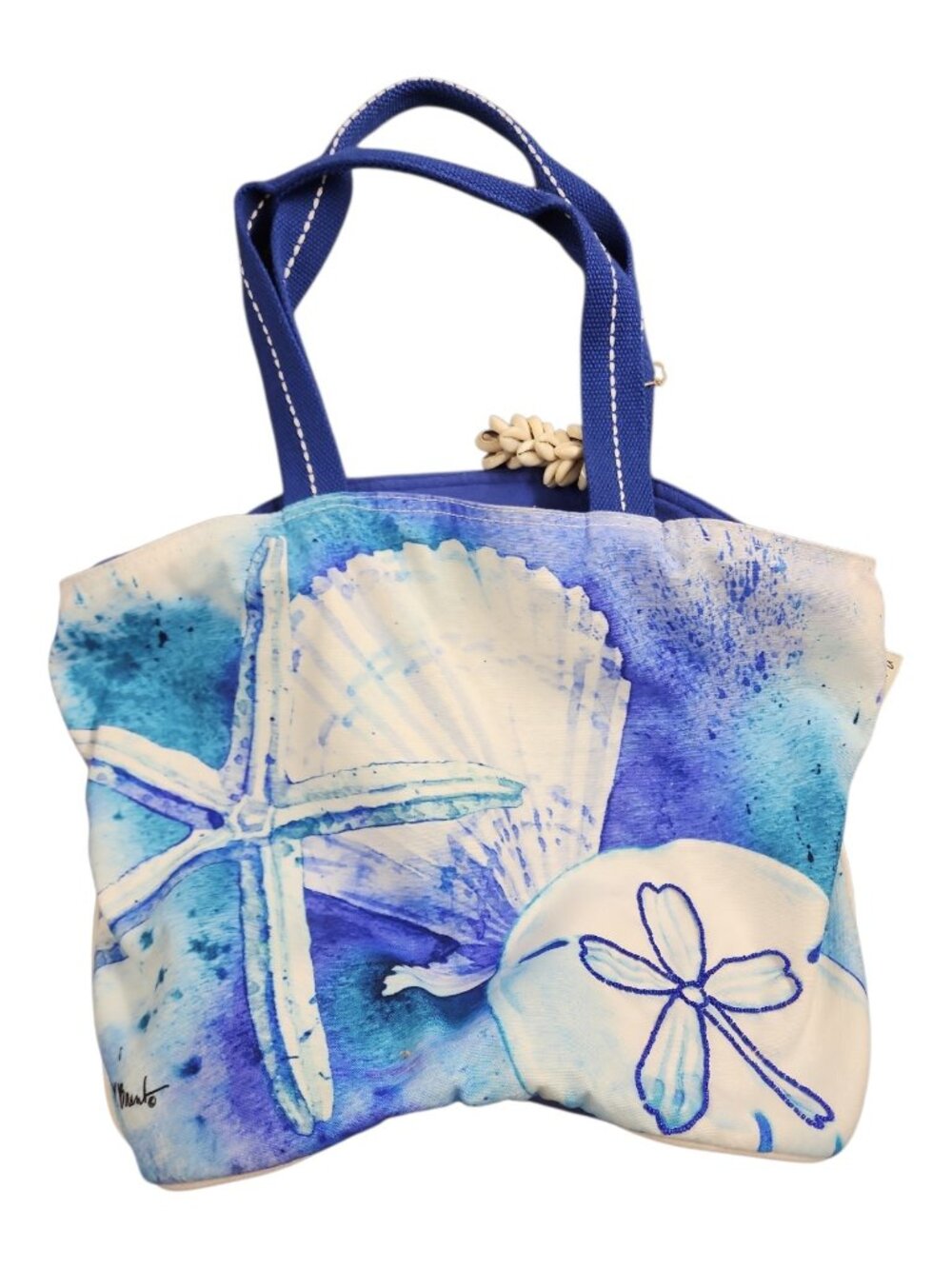 Paul Brent Sun N Sand Coastal Watercolor Seashell Canvas Tote Beach Bag Blue - Picture 2 of 14